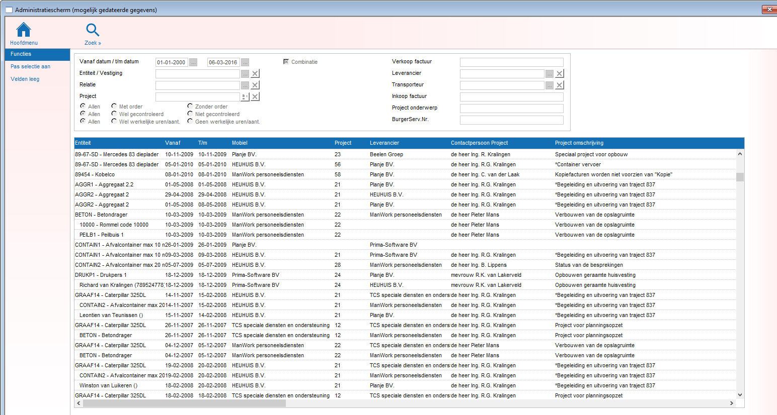 PlanProf - Administratiescherm